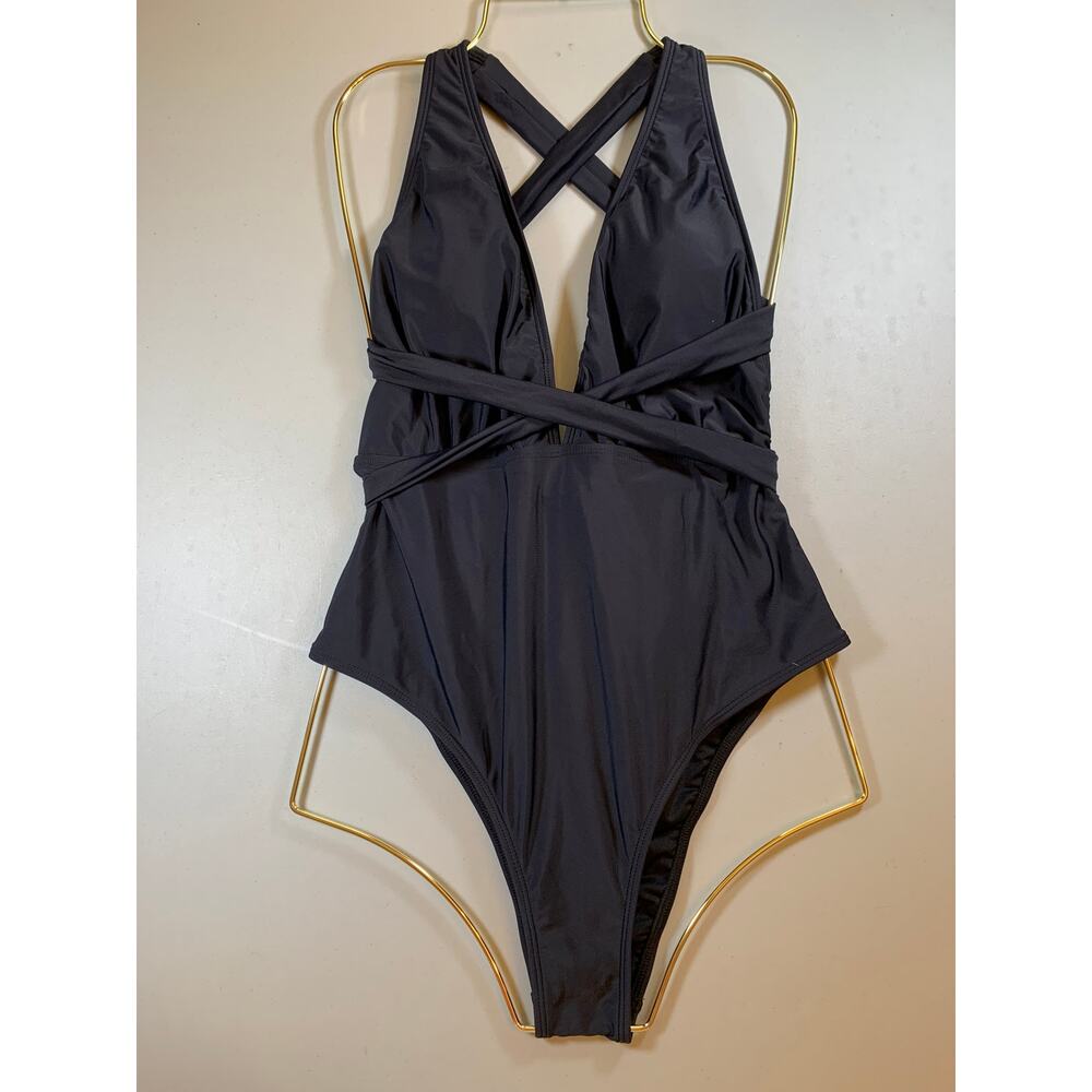 NWT Cupshe Black Strappy Wrap V Neck One Piece Bathing Suit Size Medium